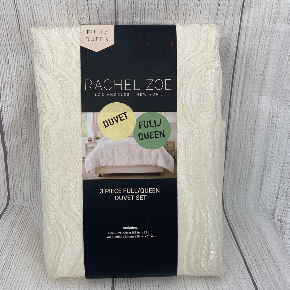 Rachel Zoe Duvet Set Full/Queen Ivory Cream Wavy Jacquard Modern Textured Chic